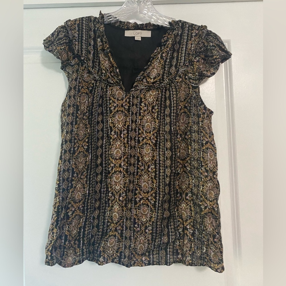 Loft Short Sleeve Metallic Patterned Blouse